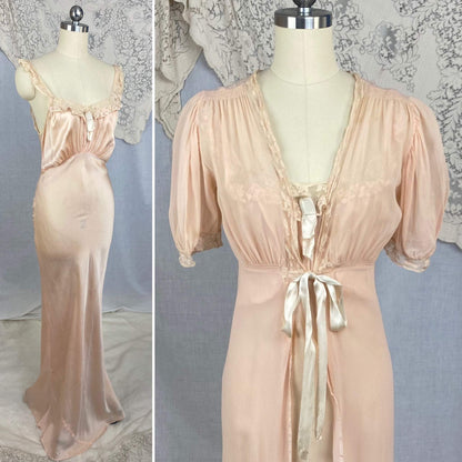 Vintage 1930's Peignoir Set | Dusty Rose Silk Gown with Ivory Floral Lace & Chiffon Dressing Robe | Size S, M | Wonder Maid - Daggers & Dames