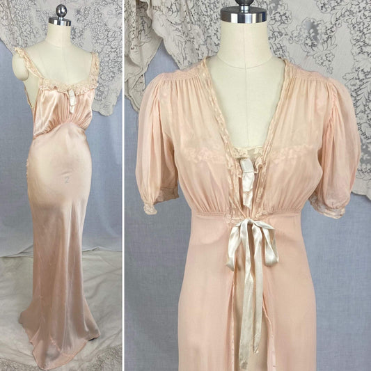 Vintage 1930's Peignoir Set | Dusty Rose Silk Gown with Ivory Floral Lace & Chiffon Dressing Robe | Size S, M | Wonder Maid - Daggers & Dames