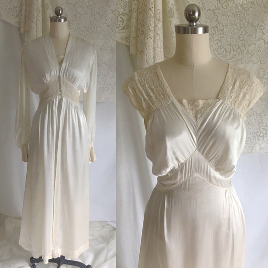 Vintage 1930's Peignoir Set | Ivory Rayon Satin with Alençon Lace | Bridal Lingerie | Art Deco Robe & Bias Cut Nightgown | Size XSM - Daggers & Dames