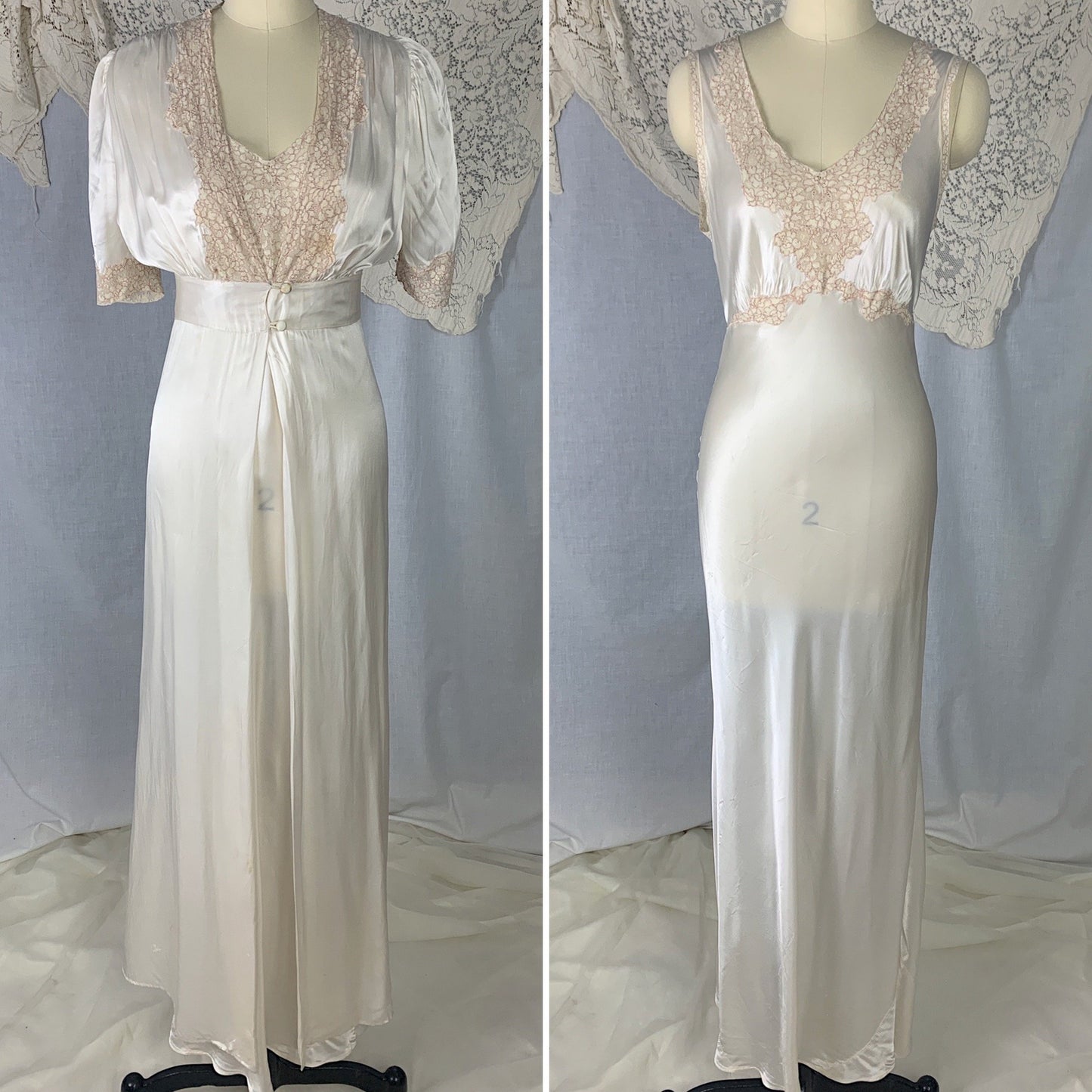 Vintage 1930's Peignoir Set | Pearly White Rayon Satin with Nude Lace | Size XS - Daggers & Dames
