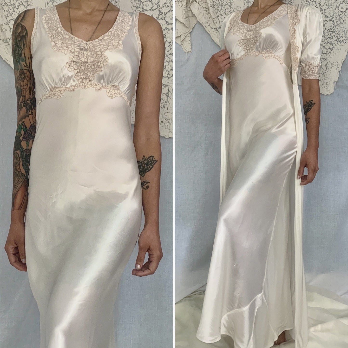 Vintage 1930's Peignoir Set | Pearly White Rayon Satin with Nude Lace | Size XS - Daggers & Dames