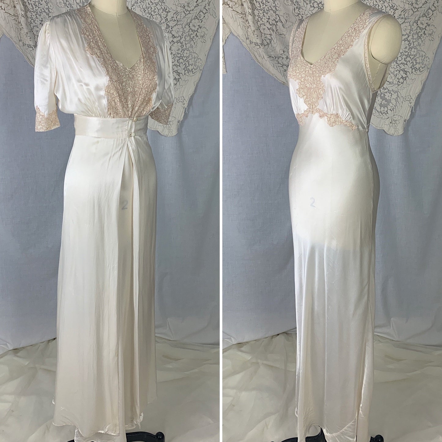 Vintage 1930's Peignoir Set | Pearly White Rayon Satin with Nude Lace | Size XS - Daggers & Dames