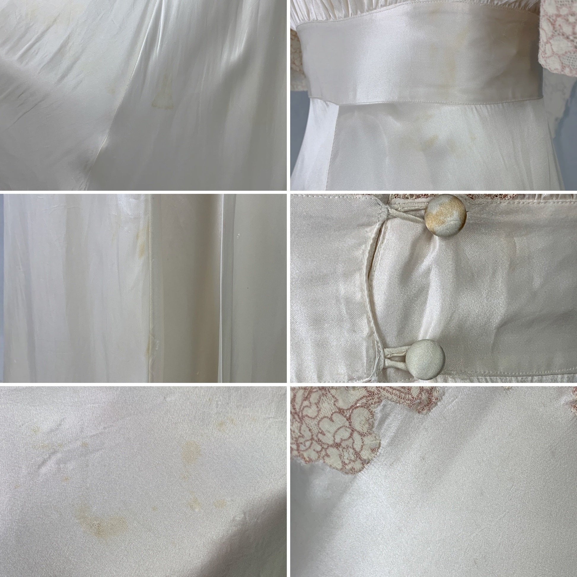 Vintage 1930's Peignoir Set | Pearly White Rayon Satin with Nude Lace | Size XS - Daggers & Dames