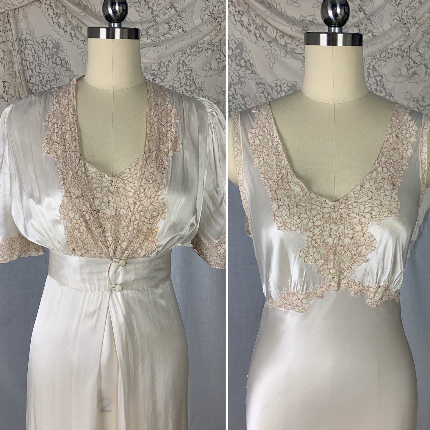 Vintage 1930's Peignoir Set | Pearly White Rayon Satin with Nude Lace | Size XS - Daggers & Dames