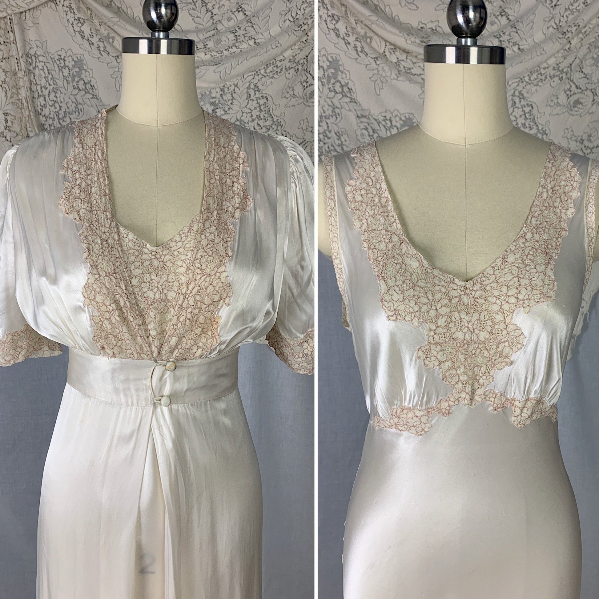 Vintage 1930's Peignoir Set | Pearly White Rayon Satin with Nude Lace | Size XS - Daggers & Dames
