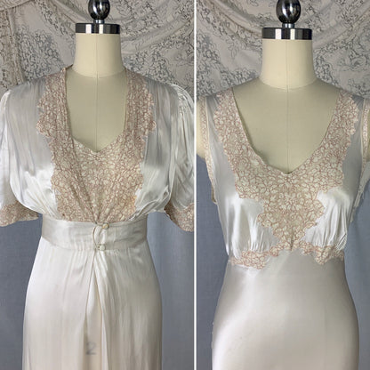 Vintage 1930's Peignoir Set | Pearly White Rayon Satin with Nude Lace | Size XS - Daggers & Dames