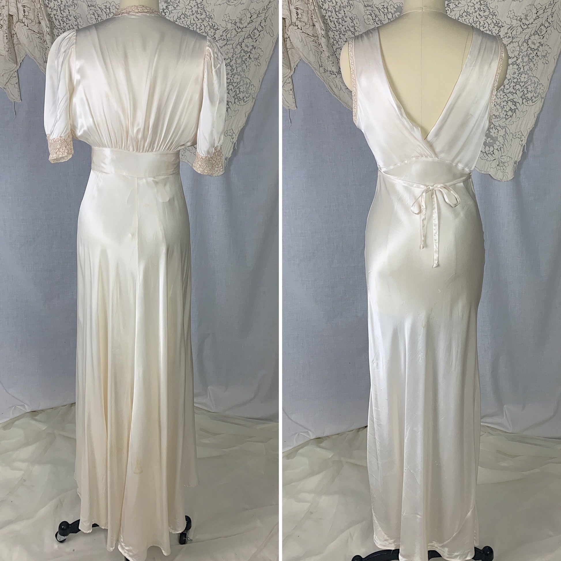 Vintage 1930's Peignoir Set | Pearly White Rayon Satin with Nude Lace | Size XS - Daggers & Dames