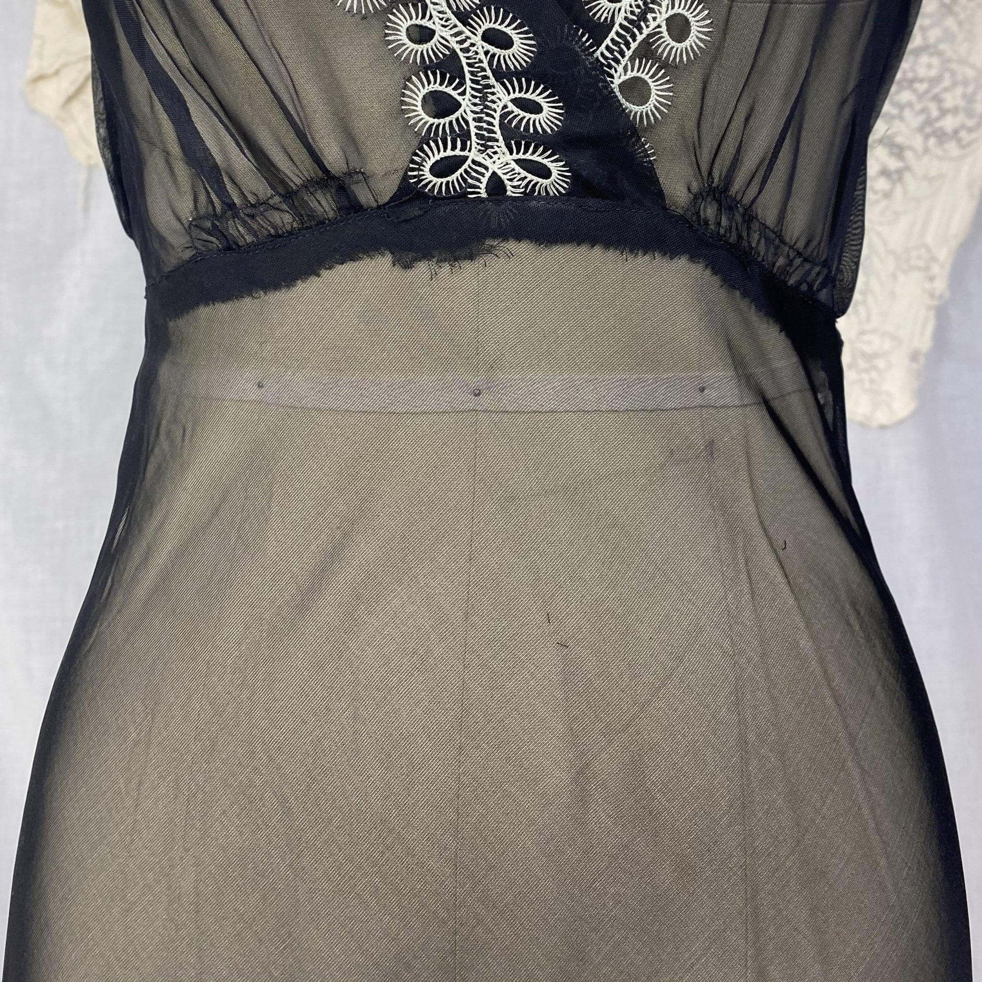 Vintage 1930's Peignoir Set | Sheer Black Rayon Chiffon with White Embroidery | Size XS | Never Worn - Daggers & Dames