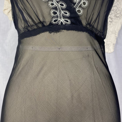 Vintage 1930's Peignoir Set | Sheer Black Rayon Chiffon with White Embroidery | Size XS | Never Worn - Daggers & Dames