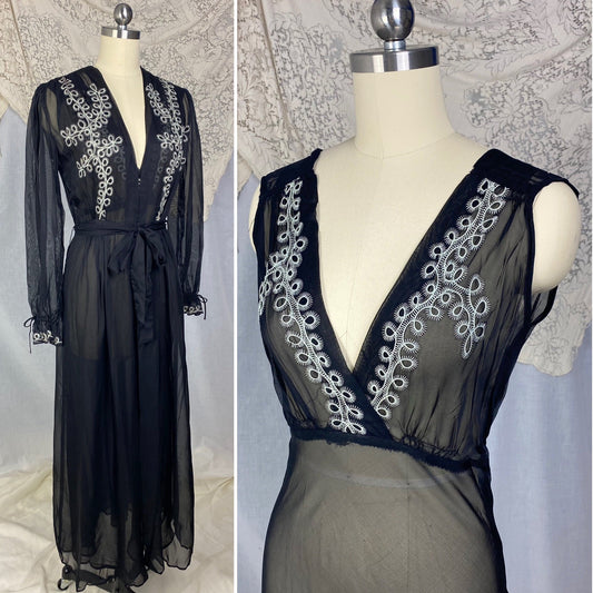 Vintage 1930's Peignoir Set | Sheer Black Rayon Chiffon with White Embroidery | Size XS | Never Worn - Daggers & Dames