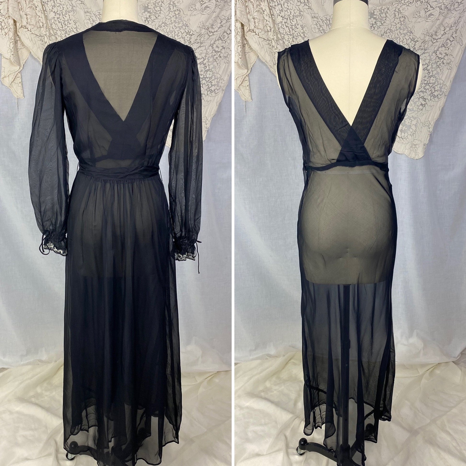 Vintage 1930's Peignoir Set | Sheer Black Rayon Chiffon with White Embroidery | Size XS | Never Worn - Daggers & Dames
