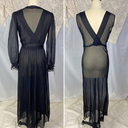 Vintage 1930's Peignoir Set | Sheer Black Rayon Chiffon with White Embroidery | Size XS | Never Worn - Daggers & Dames