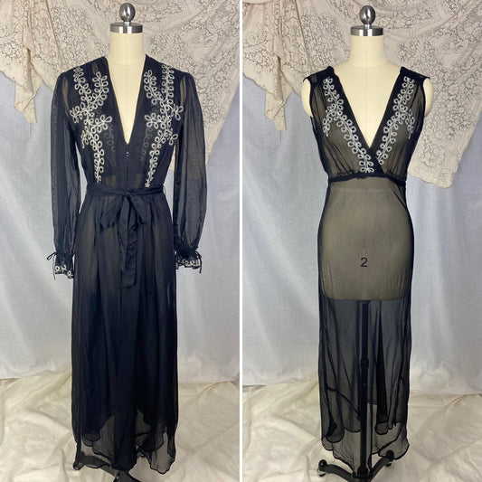 Vintage 1930's Peignoir Set | Sheer Black Rayon Chiffon with White Embroidery | Size XS | Never Worn - Daggers & Dames