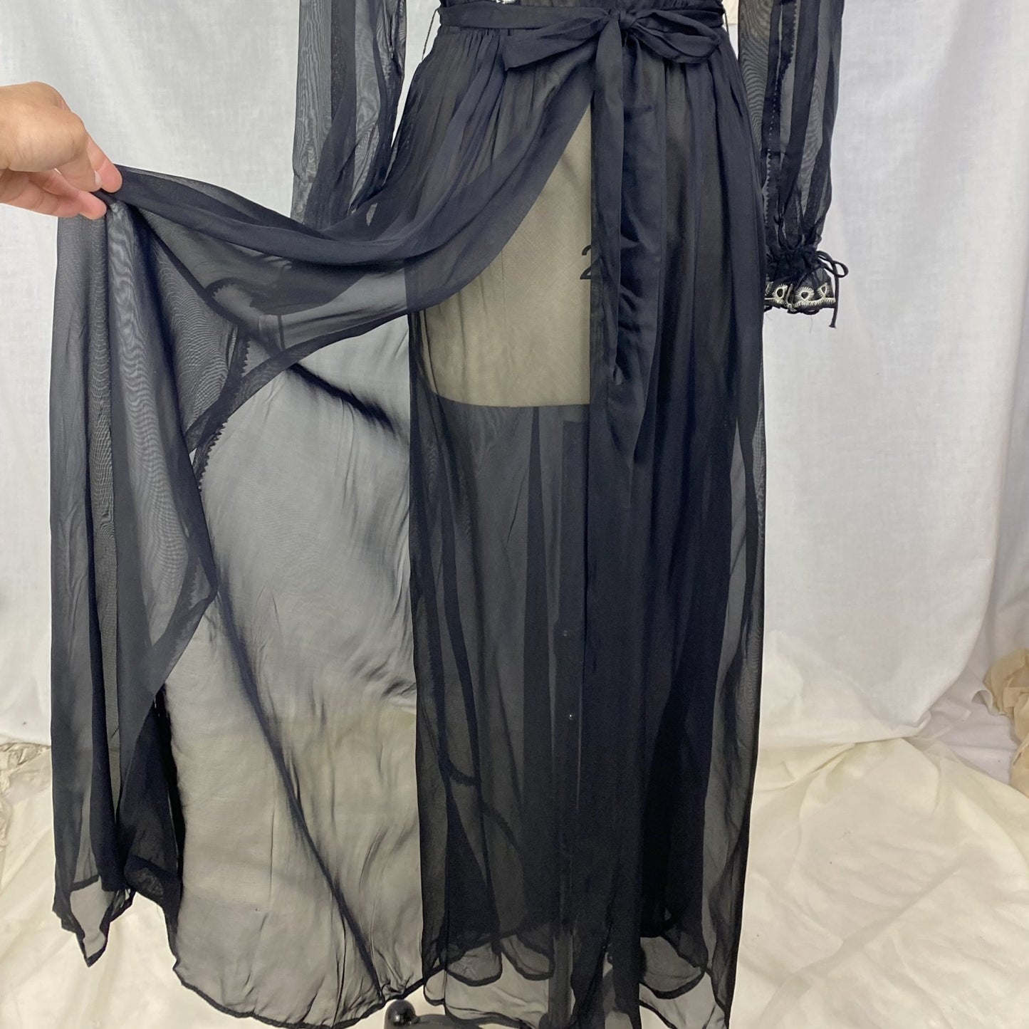 Vintage 1930's Peignoir Set | Sheer Black Rayon Chiffon with White Embroidery | Size XS | Never Worn - Daggers & Dames