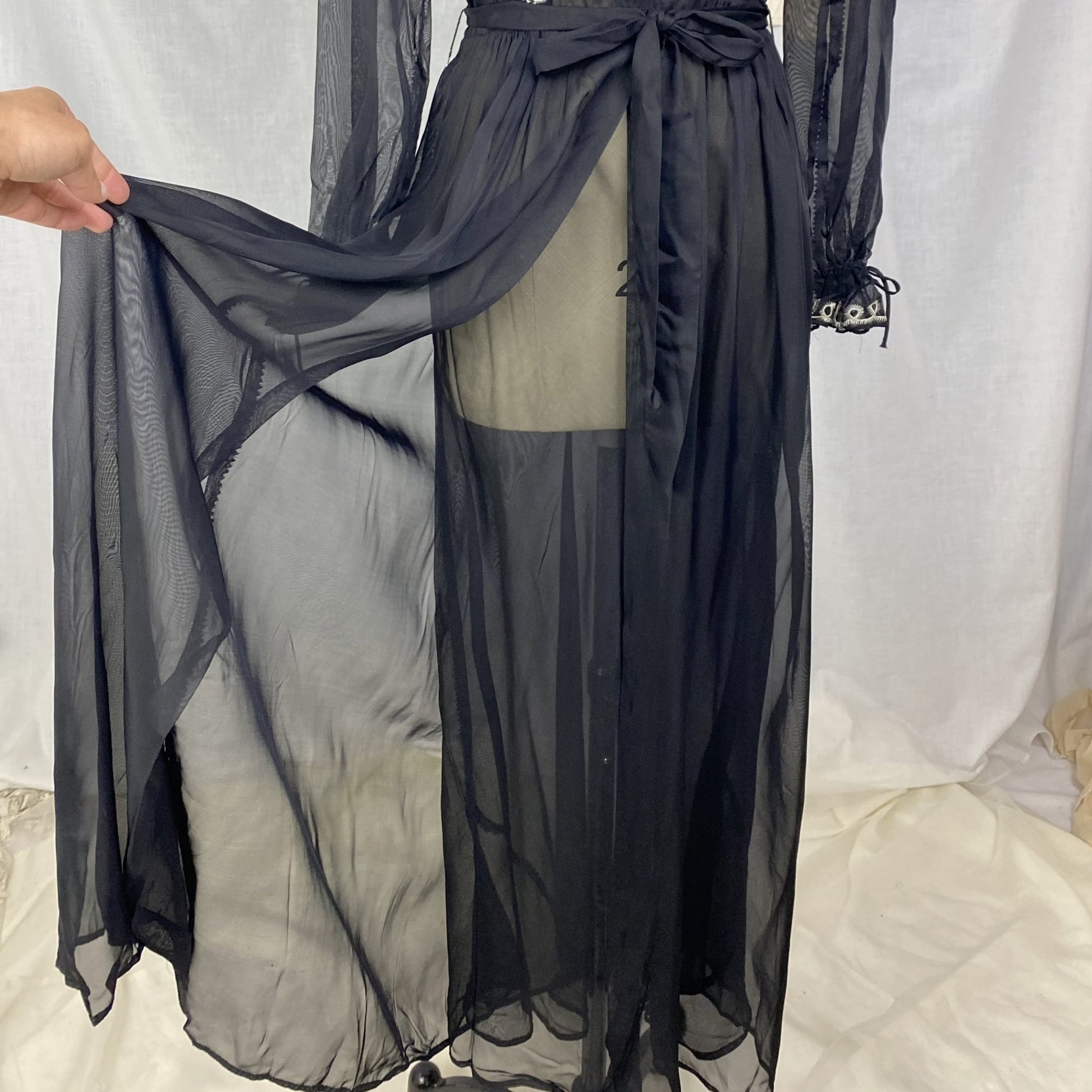 Vintage 1930's Peignoir Set | Sheer Black Rayon Chiffon with White Embroidery | Size XS | Never Worn - Daggers & Dames