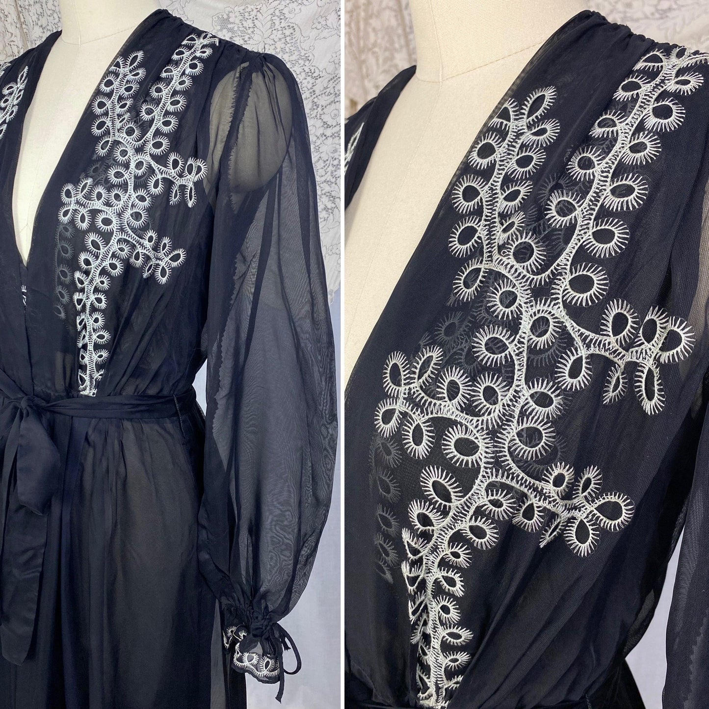 Vintage 1930's Peignoir Set | Sheer Black Rayon Chiffon with White Embroidery | Size XS | Never Worn - Daggers & Dames