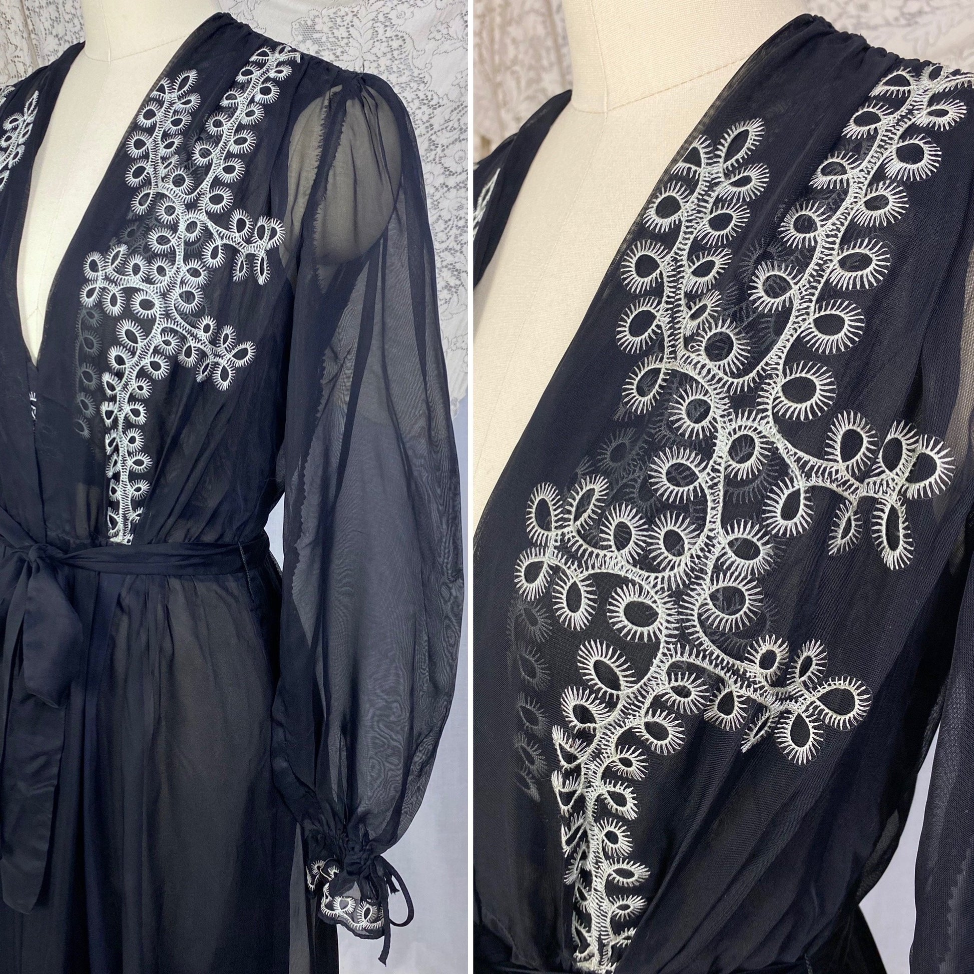 Vintage 1930's Peignoir Set | Sheer Black Rayon Chiffon with White Embroidery | Size XS | Never Worn - Daggers & Dames