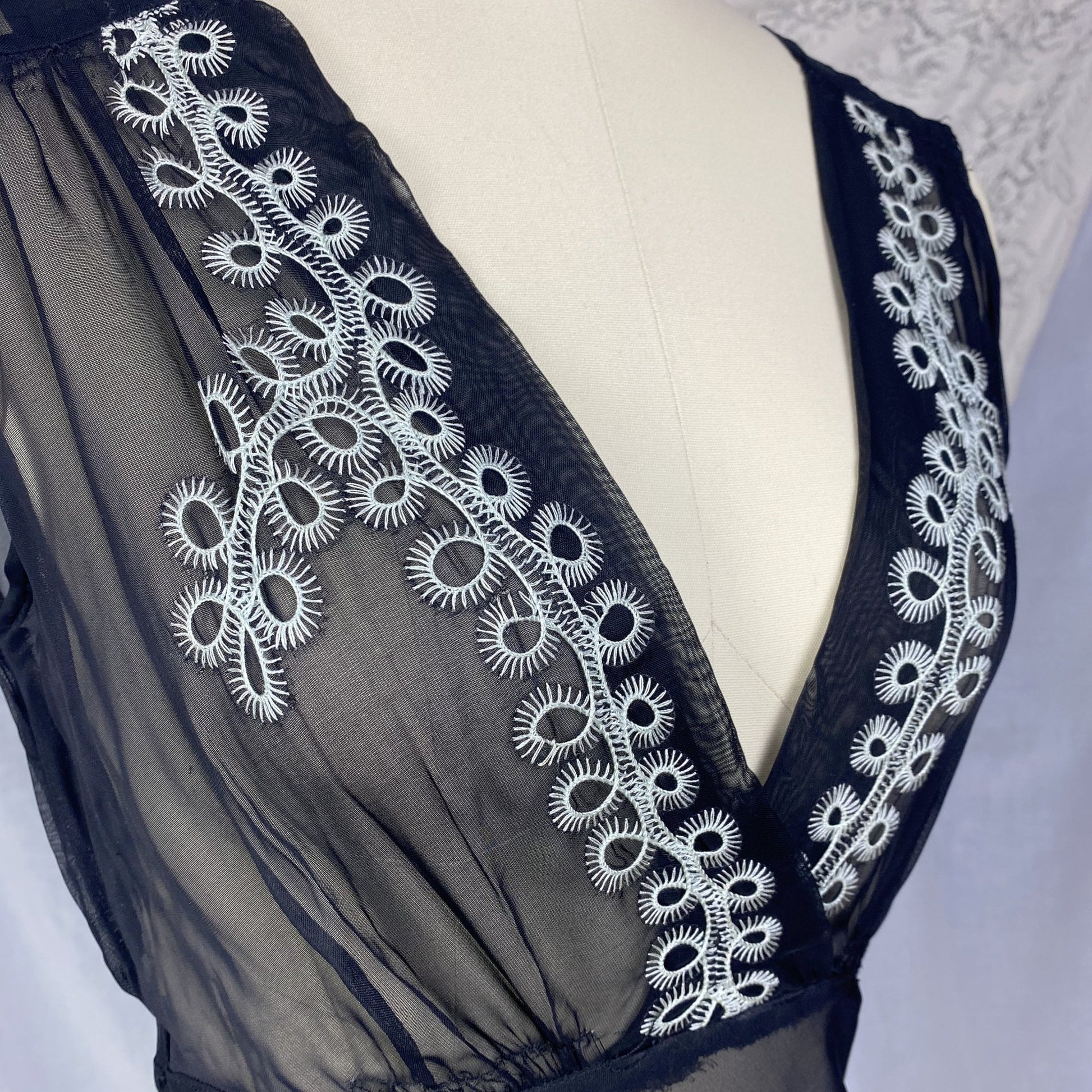 Vintage 1930's Peignoir Set | Sheer Black Rayon Chiffon with White Embroidery | Size XS | Never Worn - Daggers & Dames