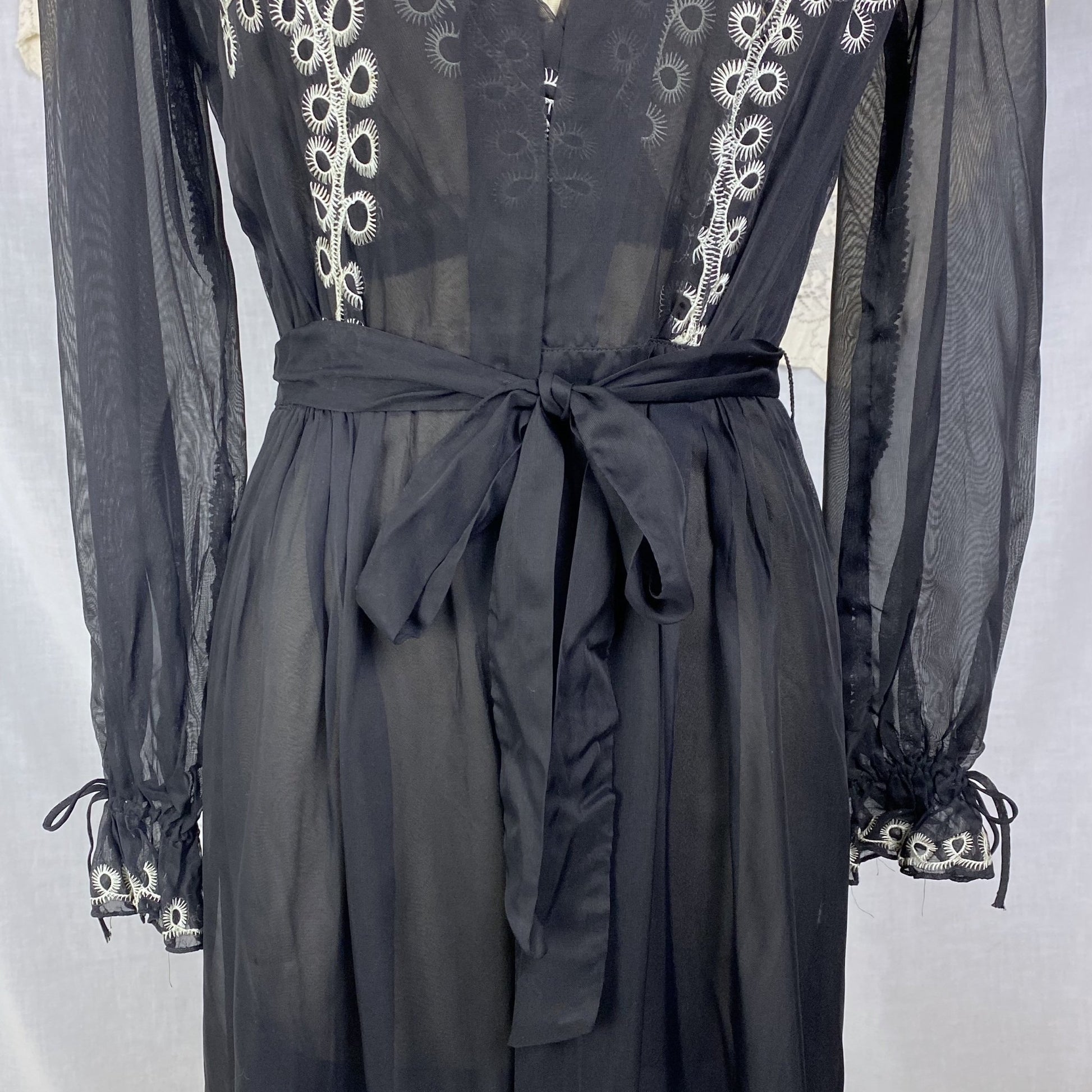 Vintage 1930's Peignoir Set | Sheer Black Rayon Chiffon with White Embroidery | Size XS | Never Worn - Daggers & Dames