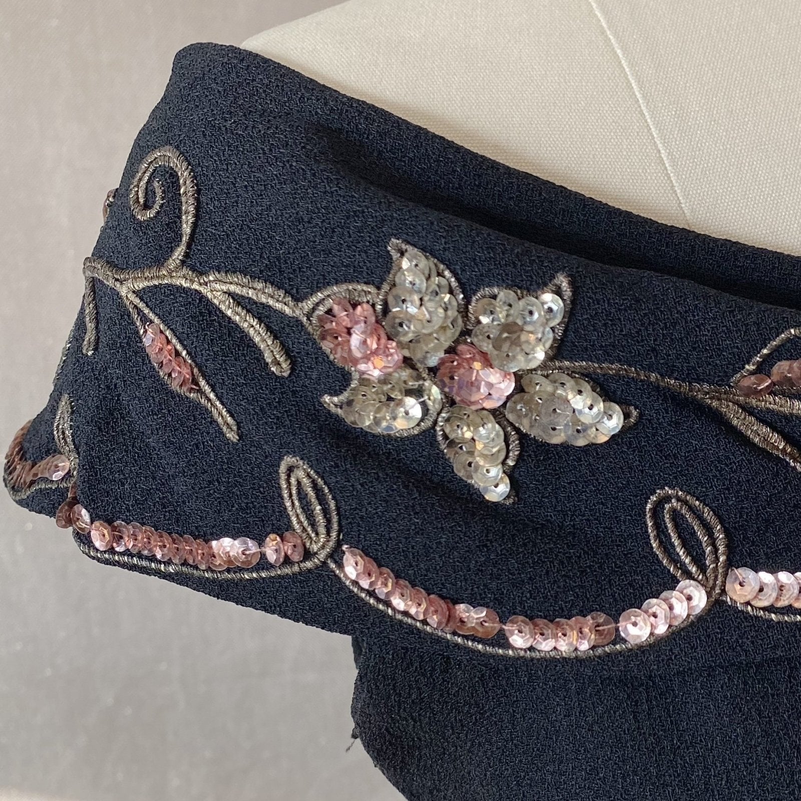 Vintage 1930's Peplum Midi Dress | Off Shoulder Black Rayon Crepe with Gold Soutache & Floral Sequins | Size 25 Waist, XXS/XS - Daggers & Dames