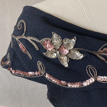 Vintage 1930's Peplum Midi Dress | Off Shoulder Black Rayon Crepe with Gold Soutache & Floral Sequins | Size 25 Waist, XXS/XS - Daggers & Dames