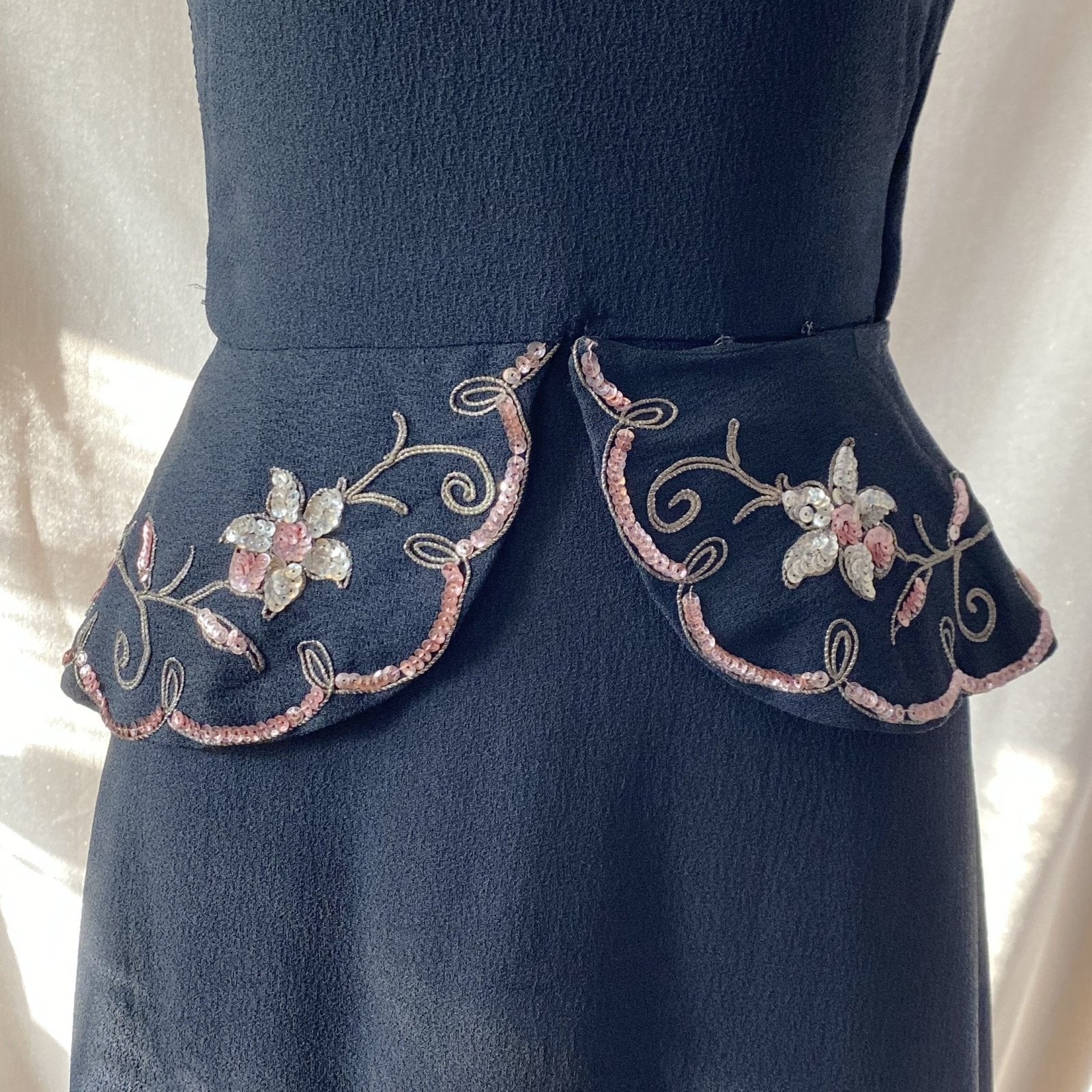 Vintage 1930's Peplum Midi Dress | Off Shoulder Black Rayon Crepe with Gold Soutache & Floral Sequins | Size 25 Waist, XXS/XS - Daggers & Dames