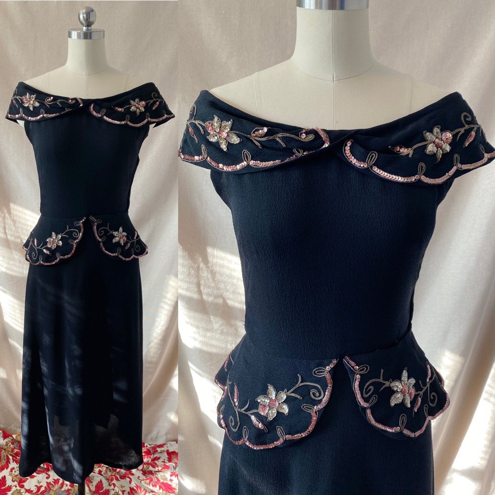 Vintage 1930's Peplum Midi Dress | Off Shoulder Black Rayon Crepe with Gold Soutache & Floral Sequins | Size 25 Waist, XXS/XS - Daggers & Dames