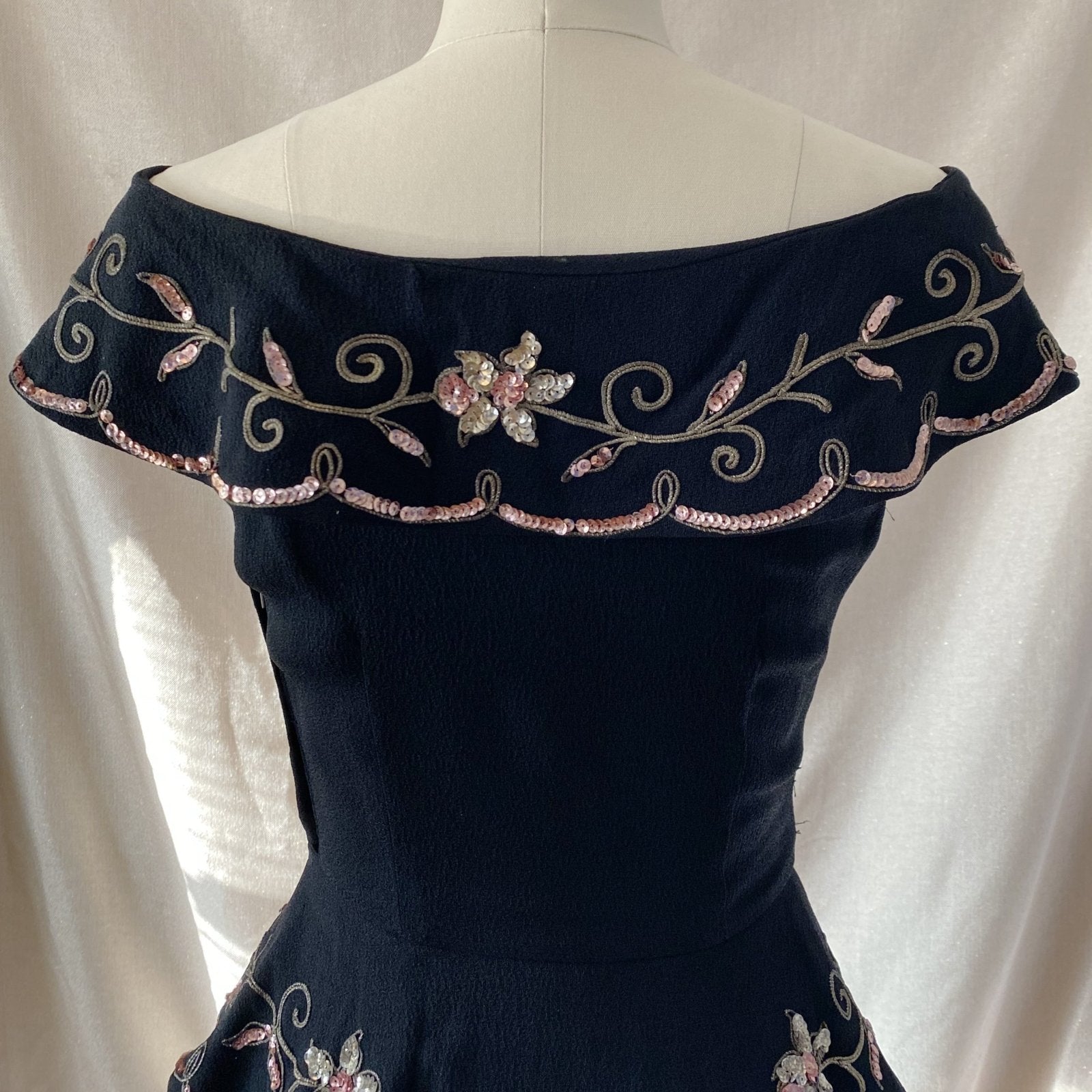 Vintage 1930's Peplum Midi Dress | Off Shoulder Black Rayon Crepe with Gold Soutache & Floral Sequins | Size 25 Waist, XXS/XS - Daggers & Dames