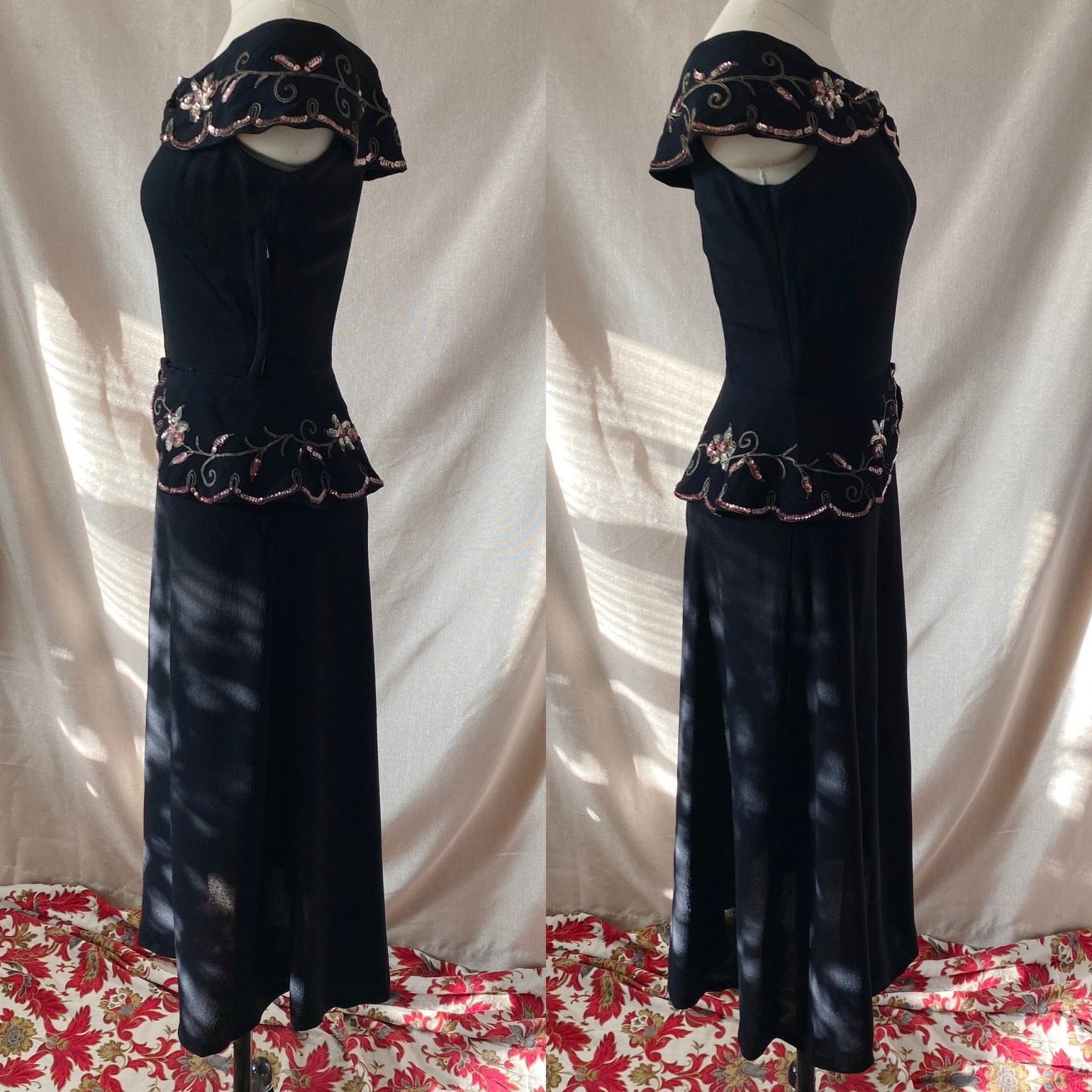 Vintage 1930's Peplum Midi Dress | Off Shoulder Black Rayon Crepe with Gold Soutache & Floral Sequins | Size 25 Waist, XXS/XS - Daggers & Dames
