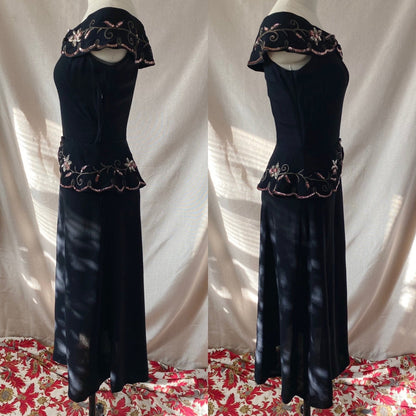 Vintage 1930's Peplum Midi Dress | Off Shoulder Black Rayon Crepe with Gold Soutache & Floral Sequins | Size 25 Waist, XXS/XS - Daggers & Dames