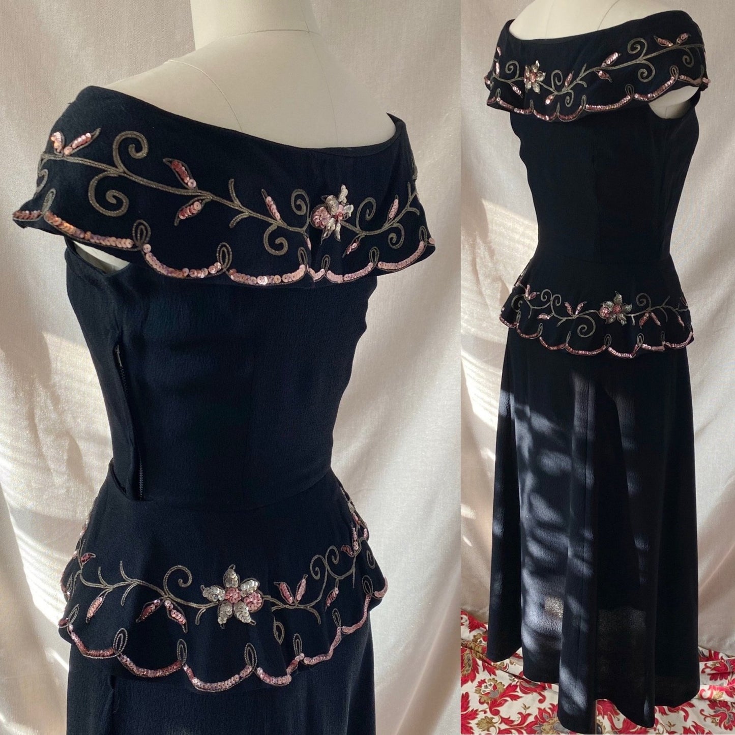 Vintage 1930's Peplum Midi Dress | Off Shoulder Black Rayon Crepe with Gold Soutache & Floral Sequins | Size 25 Waist, XXS/XS - Daggers & Dames