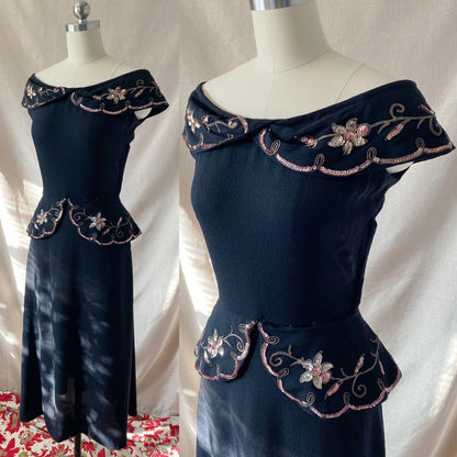 Vintage 1930's Peplum Midi Dress | Off Shoulder Black Rayon Crepe with Gold Soutache & Floral Sequins | Size 25 Waist, XXS/XS - Daggers & Dames