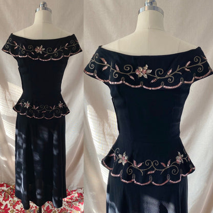Vintage 1930's Peplum Midi Dress | Off Shoulder Black Rayon Crepe with Gold Soutache & Floral Sequins | Size 25 Waist, XXS/XS - Daggers & Dames