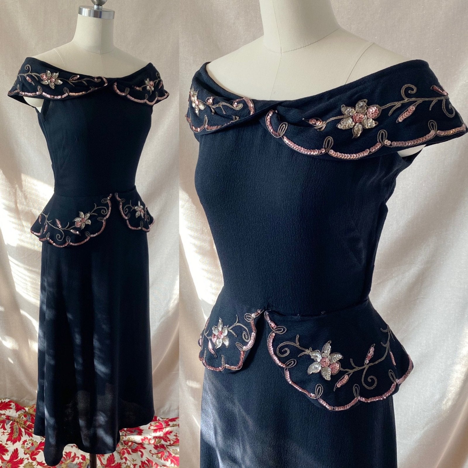 Vintage 1930's Peplum Midi Dress | Off Shoulder Black Rayon Crepe with Gold Soutache & Floral Sequins | Size 25 Waist, XXS/XS - Daggers & Dames