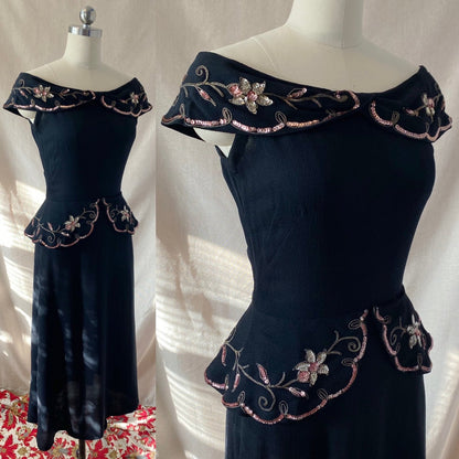 Vintage 1930's Peplum Midi Dress | Off Shoulder Black Rayon Crepe with Gold Soutache & Floral Sequins | Size 25 Waist, XXS/XS - Daggers & Dames