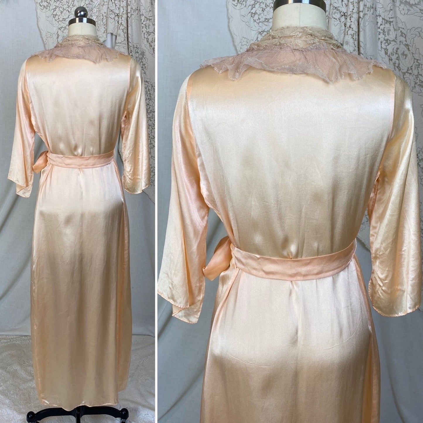 Vintage 1930's Robe | Hand Stitched Peach Silk with Tambour Lace | Size XS, S - Daggers & Dames
