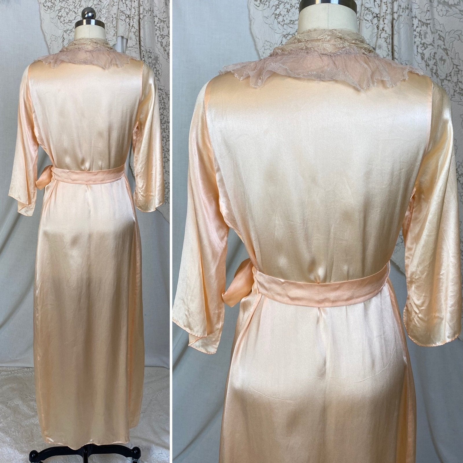 Vintage 1930's Robe | Hand Stitched Peach Silk with Tambour Lace | Size XS, S - Daggers & Dames
