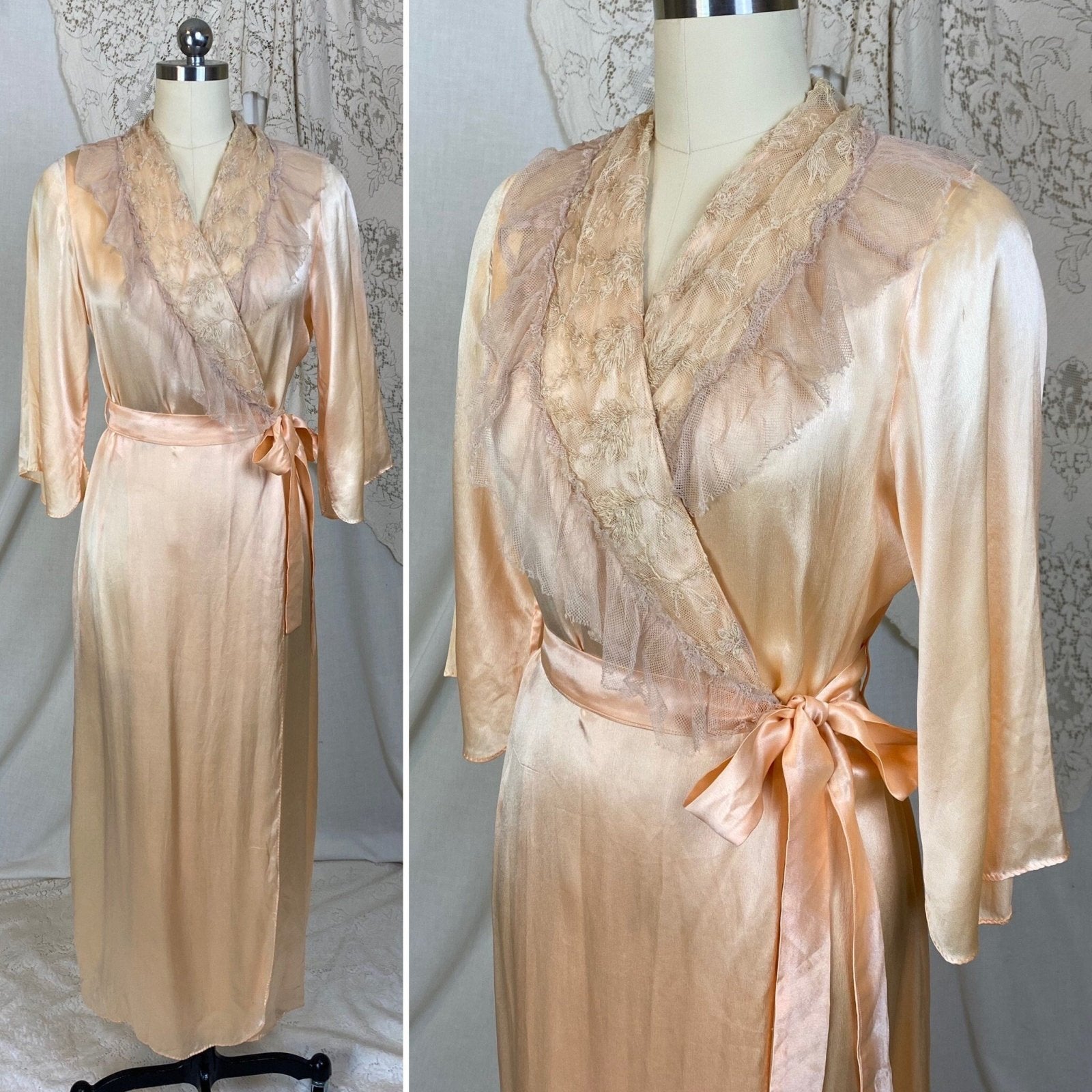 Vintage 1930's Robe | Hand Stitched Peach Silk with Tambour Lace | Size XS, S - Daggers & Dames