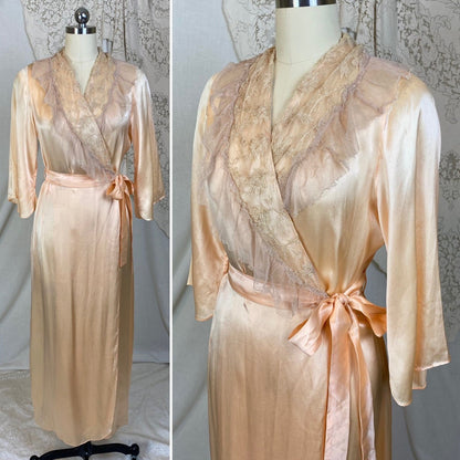 Vintage 1930's Robe | Hand Stitched Peach Silk with Tambour Lace | Size XS, S - Daggers & Dames