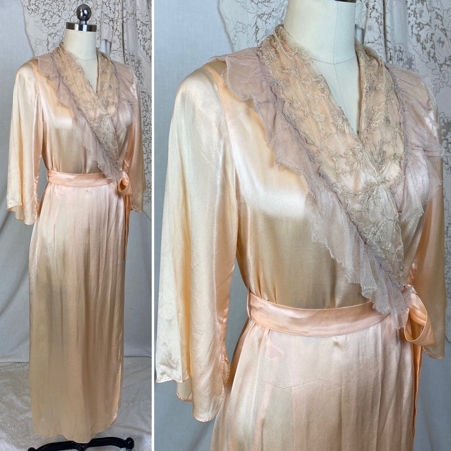 Vintage 1930's Robe | Hand Stitched Peach Silk with Tambour Lace | Size XS, S - Daggers & Dames