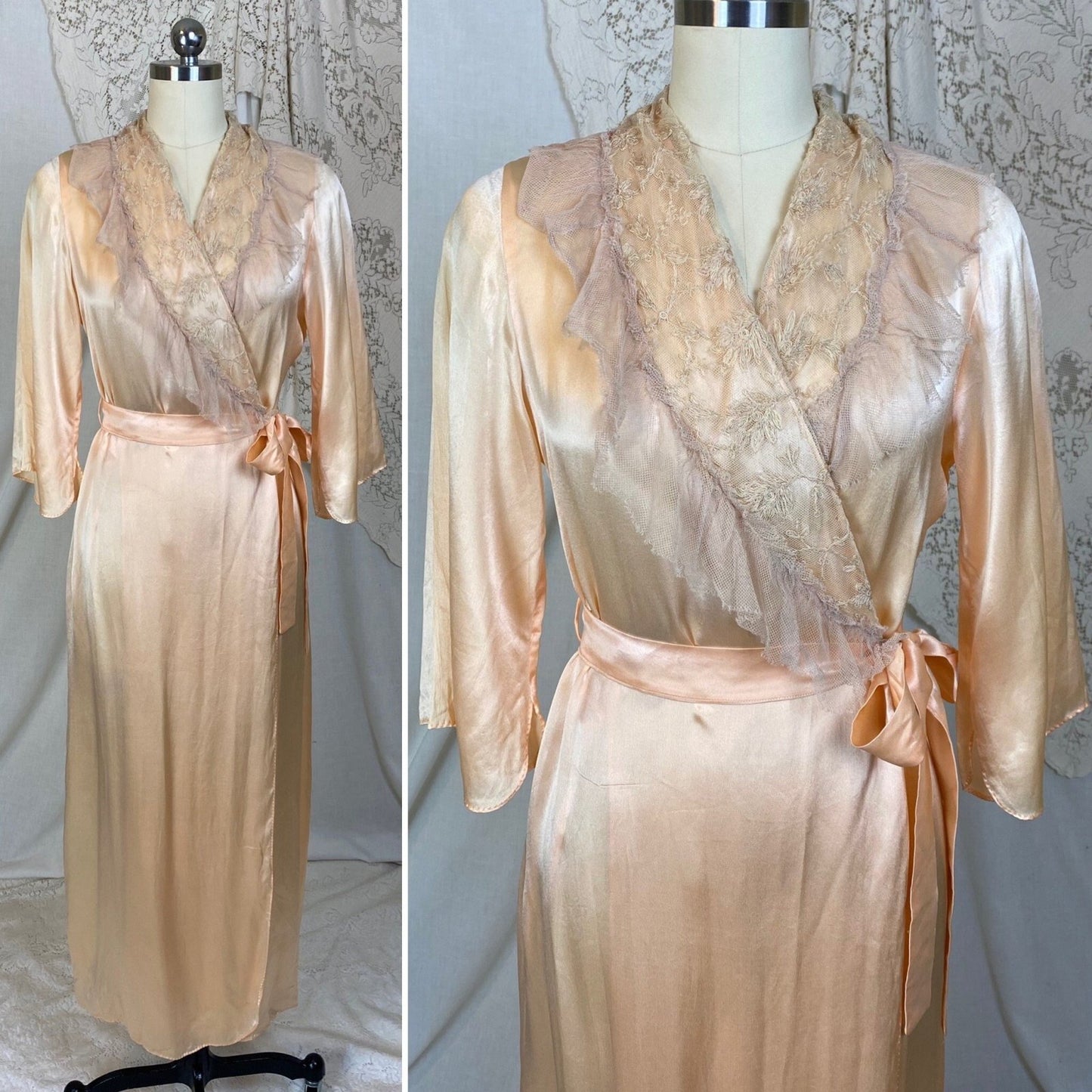 Vintage 1930's Robe | Hand Stitched Peach Silk with Tambour Lace | Size XS, S - Daggers & Dames