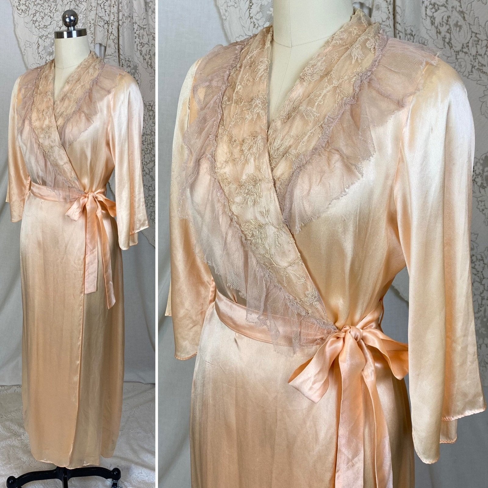 Vintage 1930's Robe | Hand Stitched Peach Silk with Tambour Lace | Size XS, S - Daggers & Dames