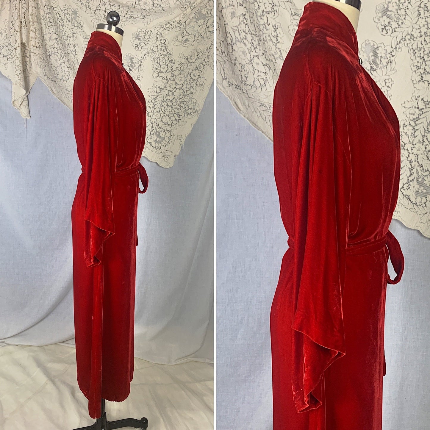 Vintage 1930's Robe | Lush Red Silk Velvet with Rhinestone Clasp & Kimono Sleeves | Size S, M | Carson Pirie Scott Co -Chicago - Daggers & Dames