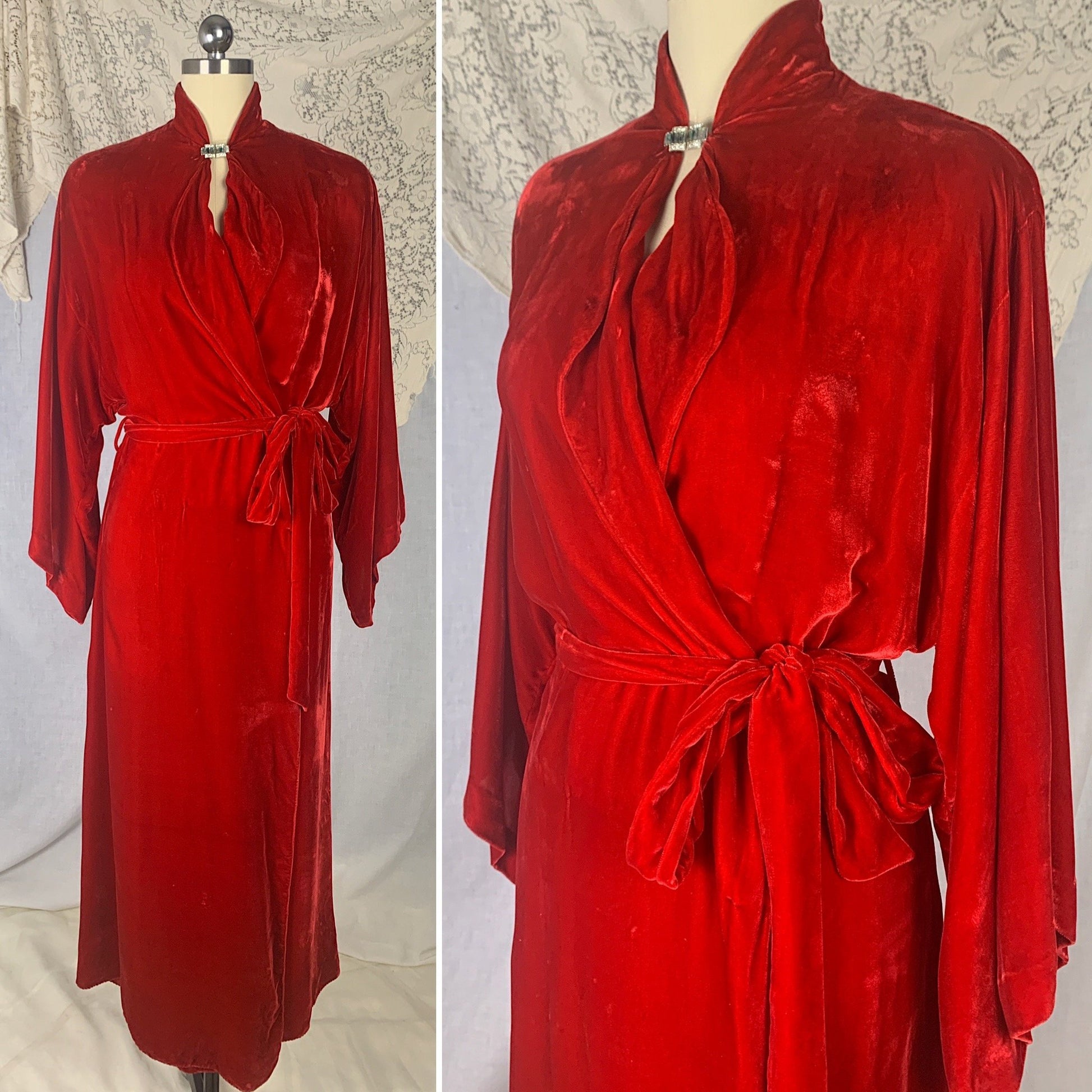 Vintage 1930's Robe | Lush Red Silk Velvet with Rhinestone Clasp & Kimono Sleeves | Size S, M | Carson Pirie Scott Co -Chicago - Daggers & Dames