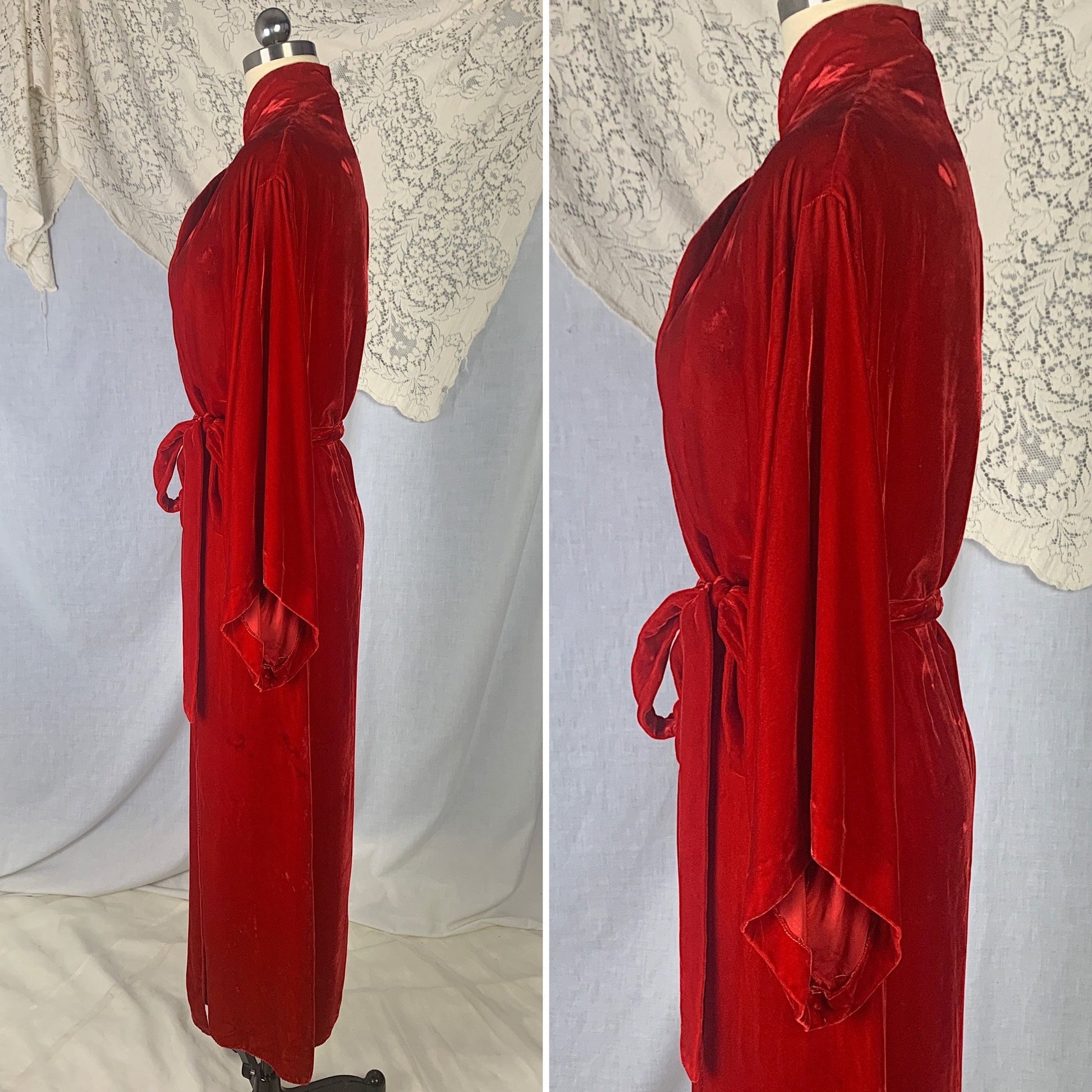 Vintage 1930's Robe | Lush Red Silk Velvet with Rhinestone Clasp & Kimono Sleeves | Size S, M | Carson Pirie Scott Co -Chicago - Daggers & Dames