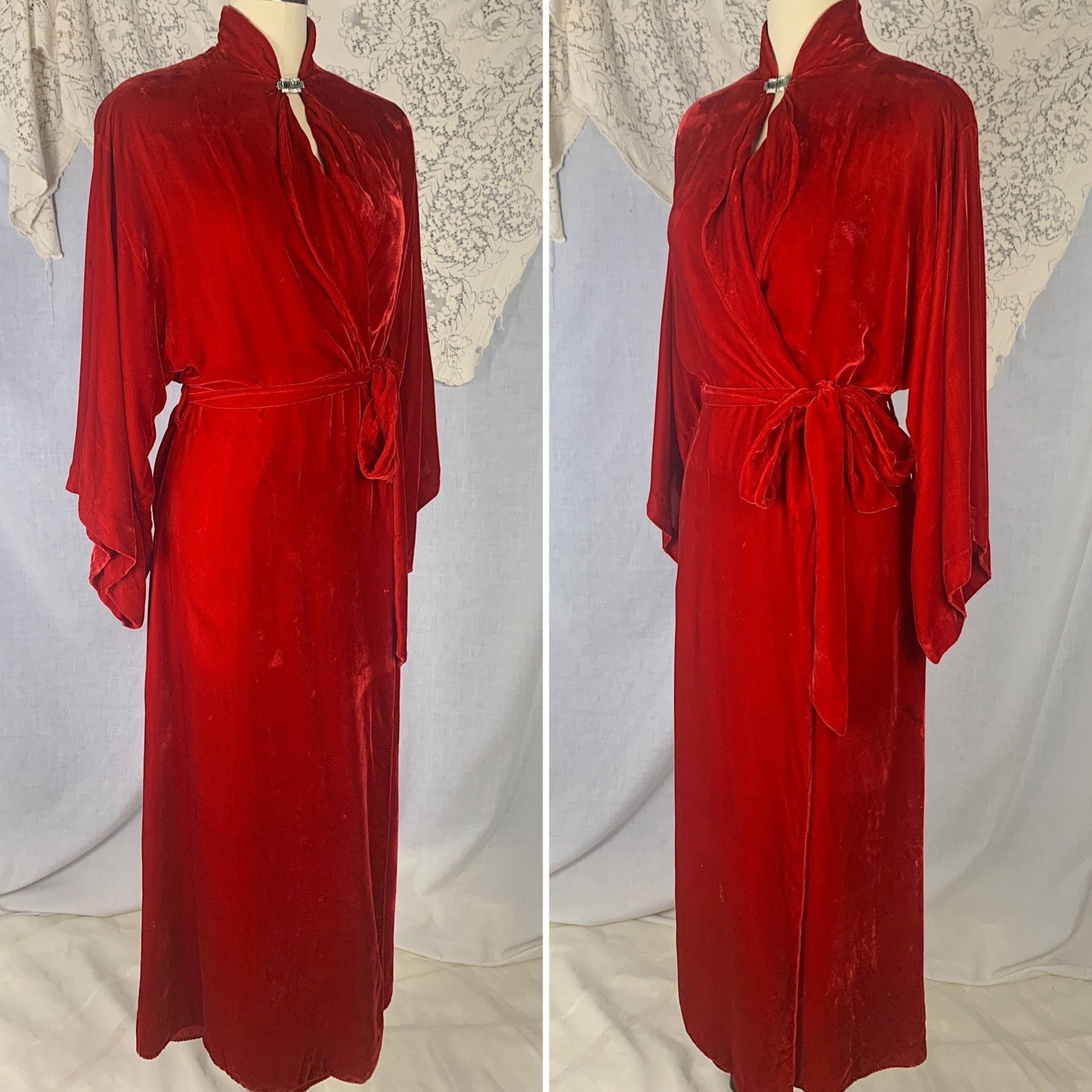 Vintage 1930's Robe | Lush Red Silk Velvet with Rhinestone Clasp & Kimono Sleeves | Size S, M | Carson Pirie Scott Co -Chicago - Daggers & Dames