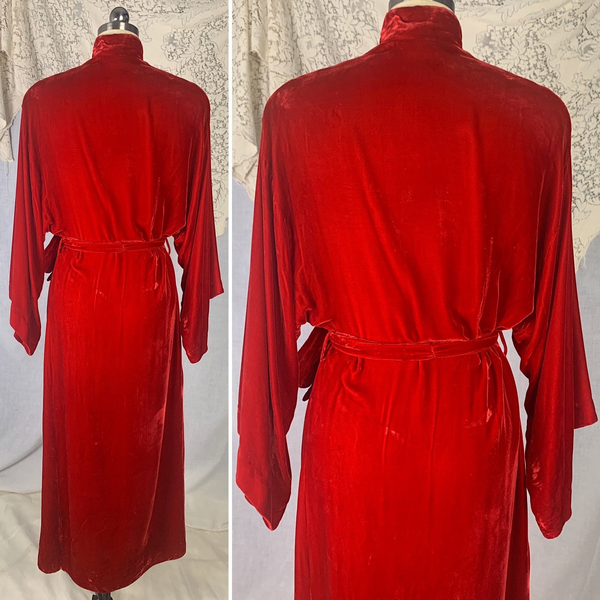 Vintage 1930's Robe | Lush Red Silk Velvet with Rhinestone Clasp & Kimono Sleeves | Size S, M | Carson Pirie Scott Co -Chicago - Daggers & Dames