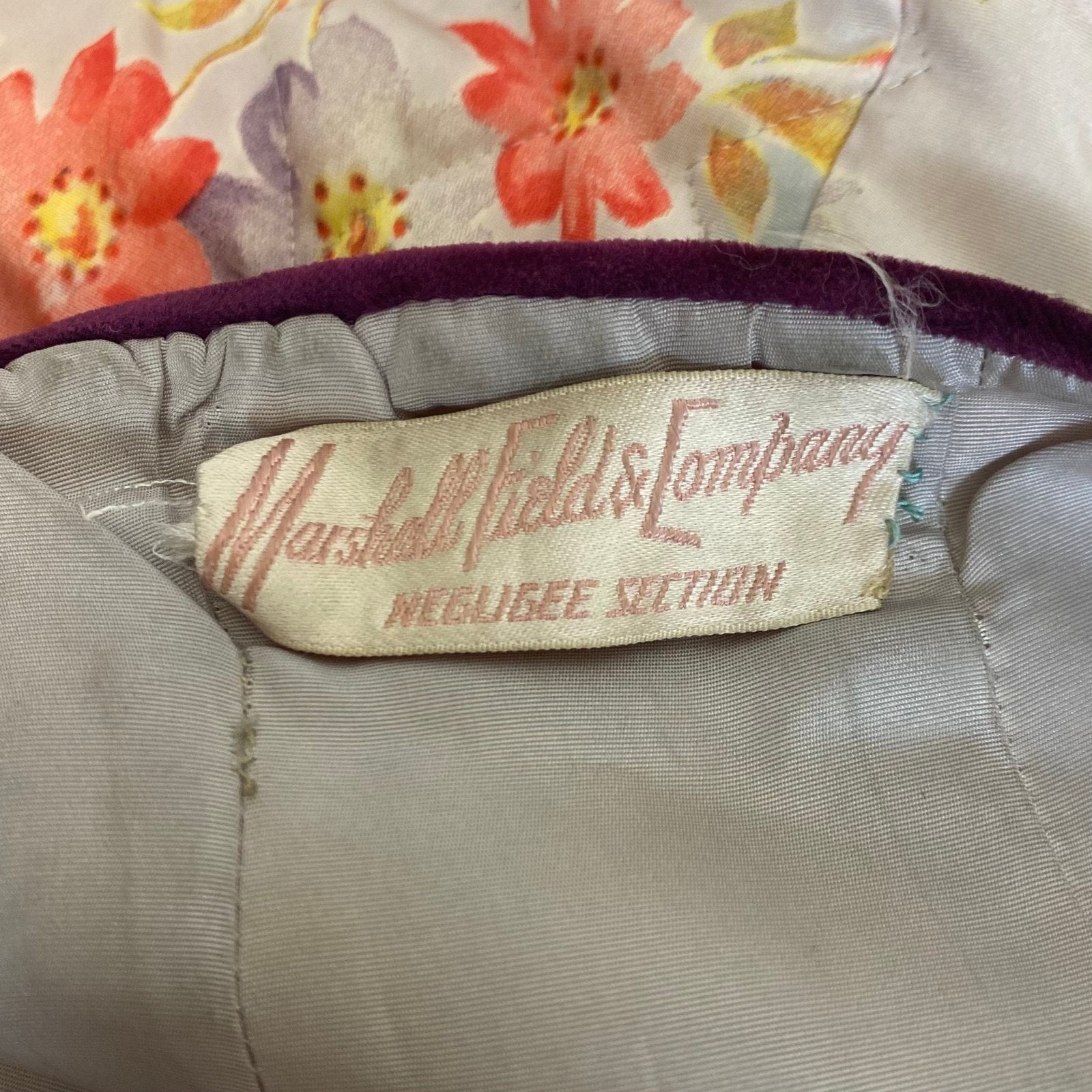 Vintage 1930's Robe | Quilted Dusty Blue Rayon Taffeta with Floral Print & Purple Velvet Accents | Size XS, S | Marshal Field and Company - Daggers & Dames