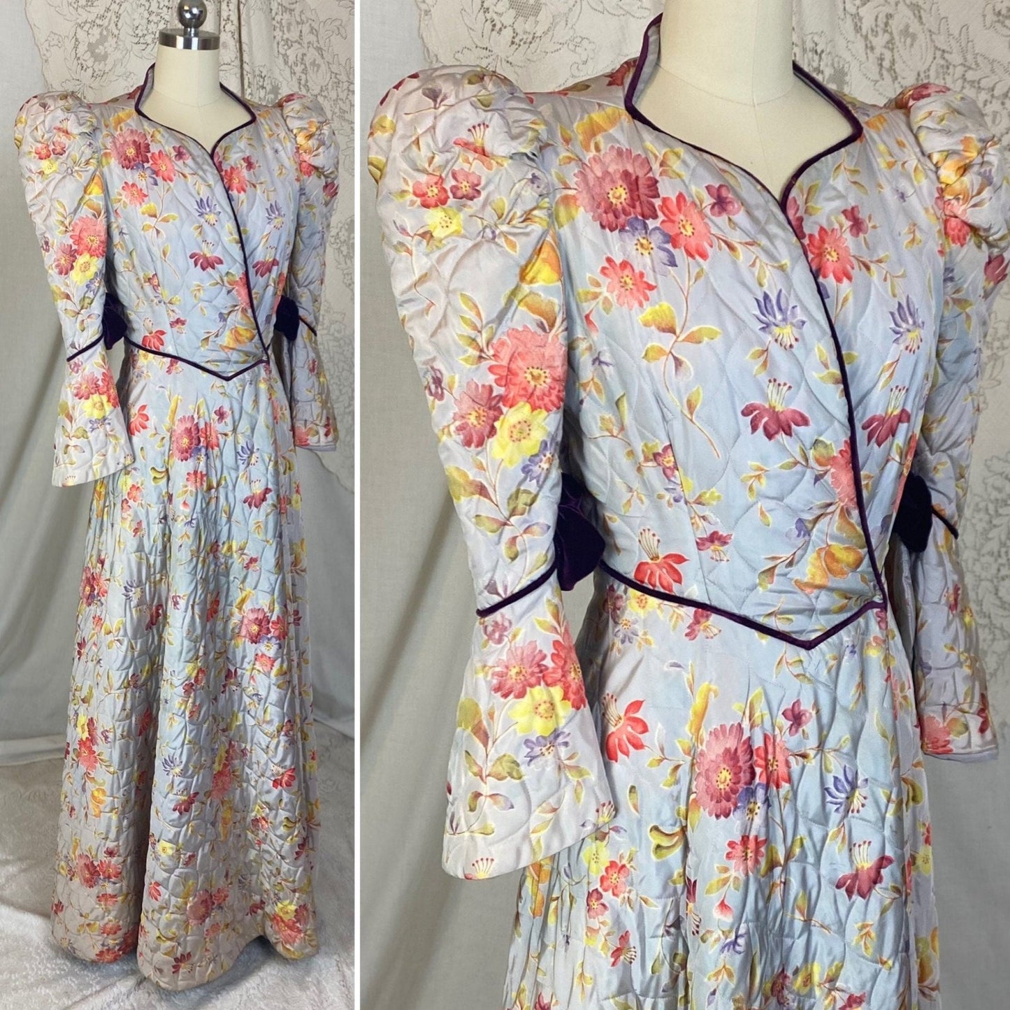 Vintage 1930's Robe | Quilted Dusty Blue Rayon Taffeta with Floral Print & Purple Velvet Accents | Size XS, S | Marshal Field and Company - Daggers & Dames