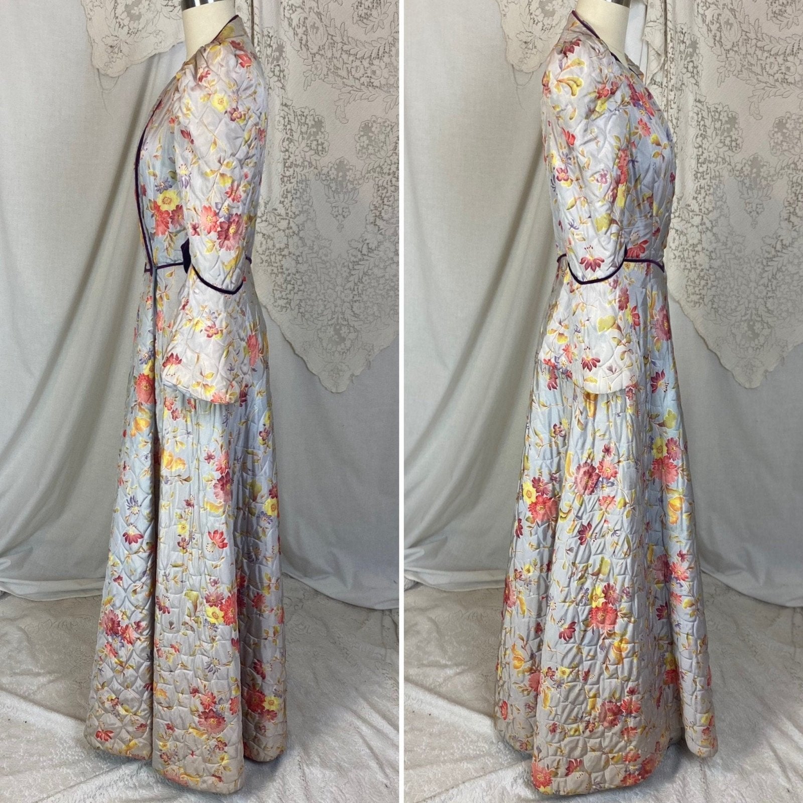 Vintage 1930's Robe | Quilted Dusty Blue Rayon Taffeta with Floral Print & Purple Velvet Accents | Size XS, S | Marshal Field and Company - Daggers & Dames